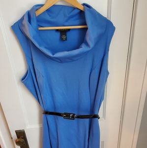Blue sleeveless dress with cowl neck and belt